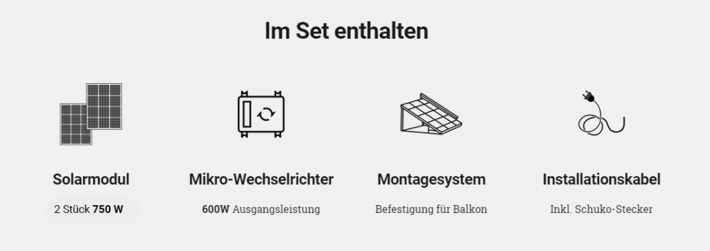 Im Set enthalten Solarmodul 2 Stück 759 W Mikrowechselrichter 600W Ausgangsleistung Montagesystem Befestigung für Balkon Installationskabel inklusive Schuko-Stecker