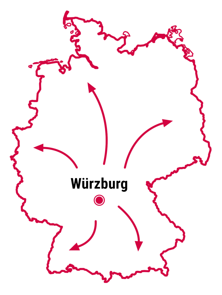 Umriss Bayern in rot mit Punkt in der Mitte und Beschriftun g für Würzburg