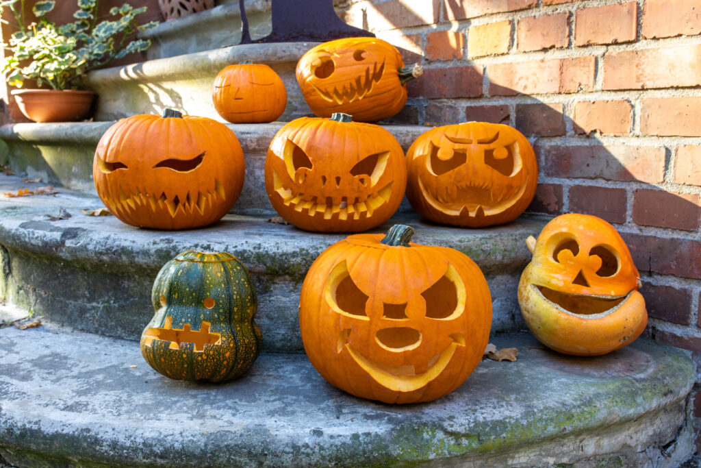 unterschiedliche Halloween Gesichter geschnitzt in mehreren Kürbisse