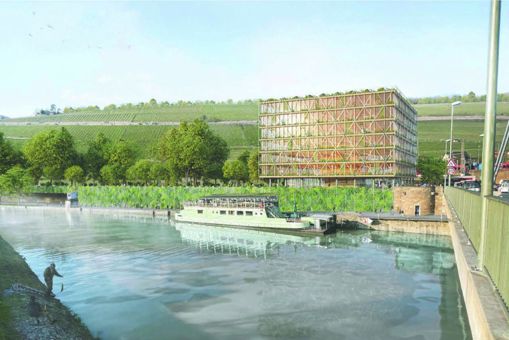 grüne Hecke zwischen Main und Promenade, Modell für das Areal am Alten Hafen in Würzburg beim Architekturwettbewerb