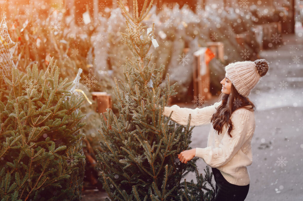 junge lachende Frau in weißem Pulli und Mütze hält einen Christbaum in der Hand beim Christbaumverkauf