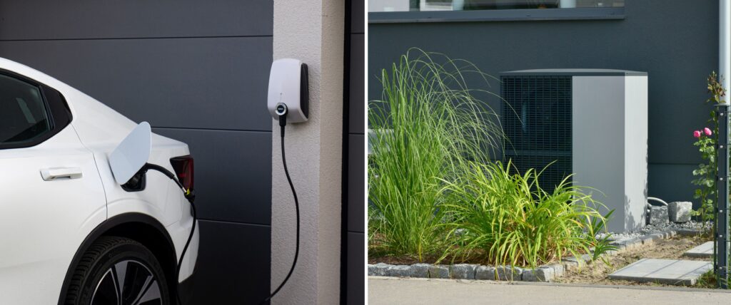Ein E-Auto, das an einer Wallbox angeschlossen ist und eine am Haus installierte Wärmepumpe