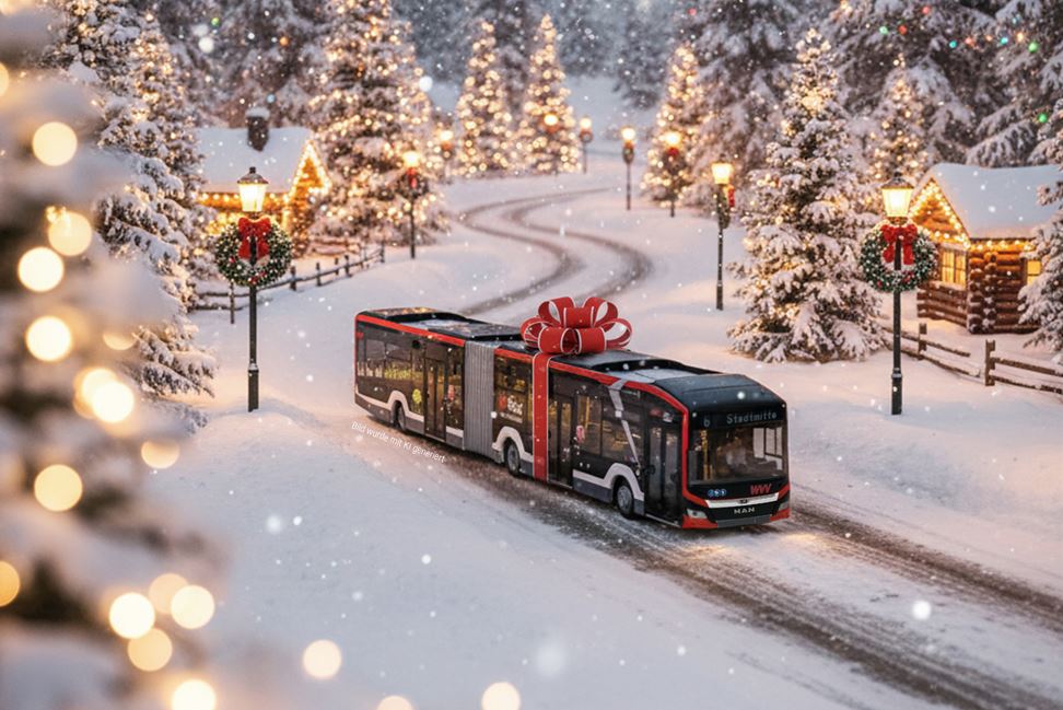 KI-generiertes Bild eines WVV-Elektrobusses mit Weihnachtsschleife im Schneetreiben
